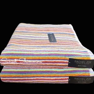 2pc Rachel Zoe Cotton Rainbow Striped Multicolored Bath Towel Set New